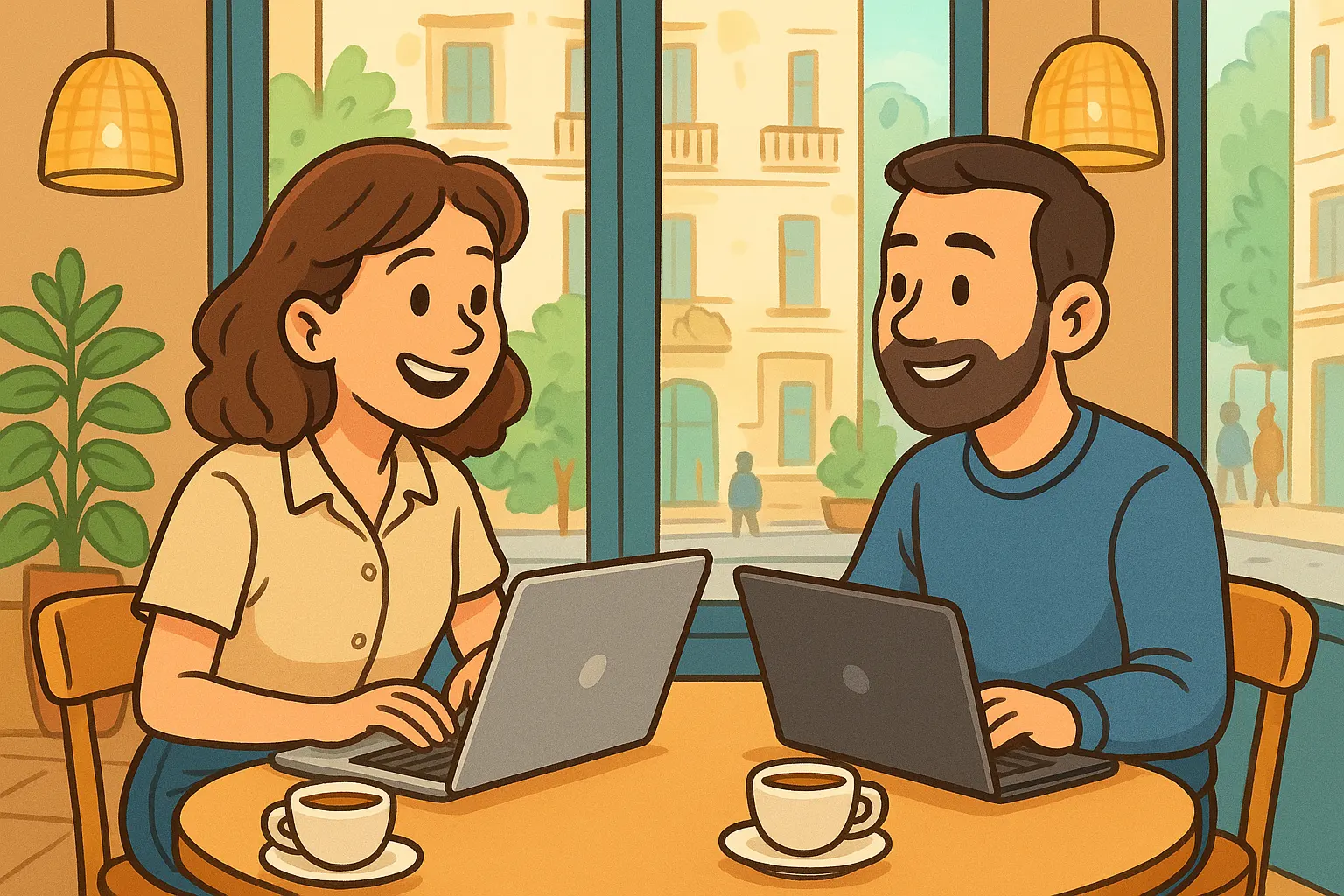 Marketer and influencer collaborating in a café